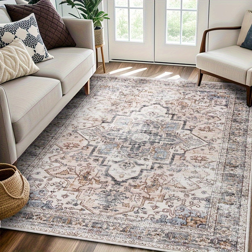 Bohemian Area Rug Ultra-Soft Non-Slip Washable Retro Foldable Carpet for Living Room Bedroom in Beige and Grey Multiple Sizes