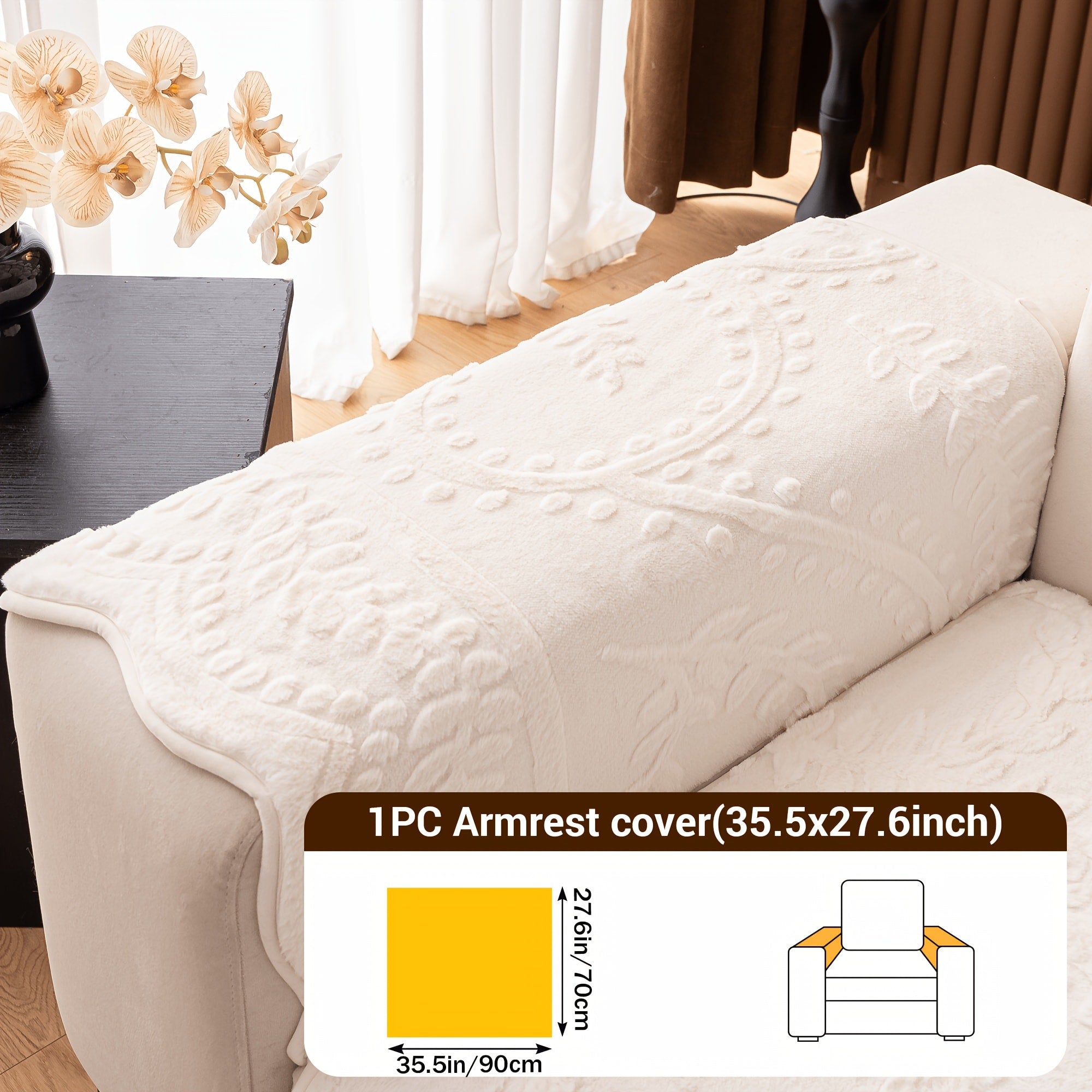 Faux Rabbit Fur Plush Sofa Cover Non-Slip | Thickened Quilted Couch Cushion, Machine Washable Pet Friendly, 1 to 4 Seat Armrest Backrest, White Light Grey Brown, Home Winter Decor