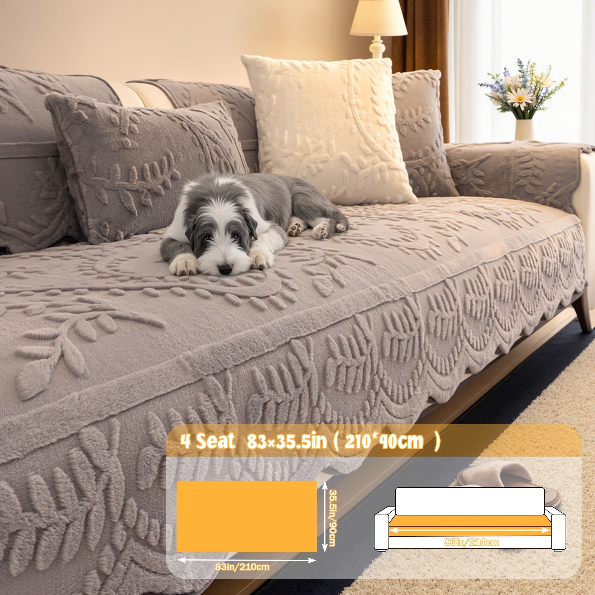 Faux Rabbit Fur Plush Sofa Cover Non-Slip | Thickened Quilted Couch Cushion, Machine Washable Pet Friendly, 1 to 4 Seat Armrest Backrest, White Light Grey Brown, Home Winter Decor