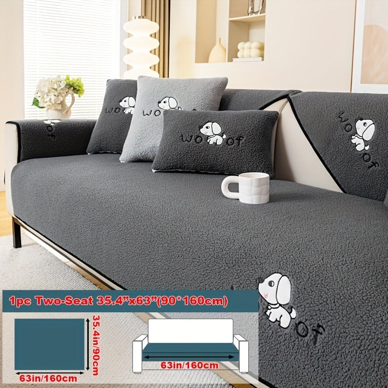 Sherpa Plush Sofa Cover Non-Slip | Thick Fleece Couch Protector, Pet Friendly Furniture Shield, 1 to 4 Seat, Armrest Backrest Pillowcase, Deep Gray Light Gray Coffee Off White