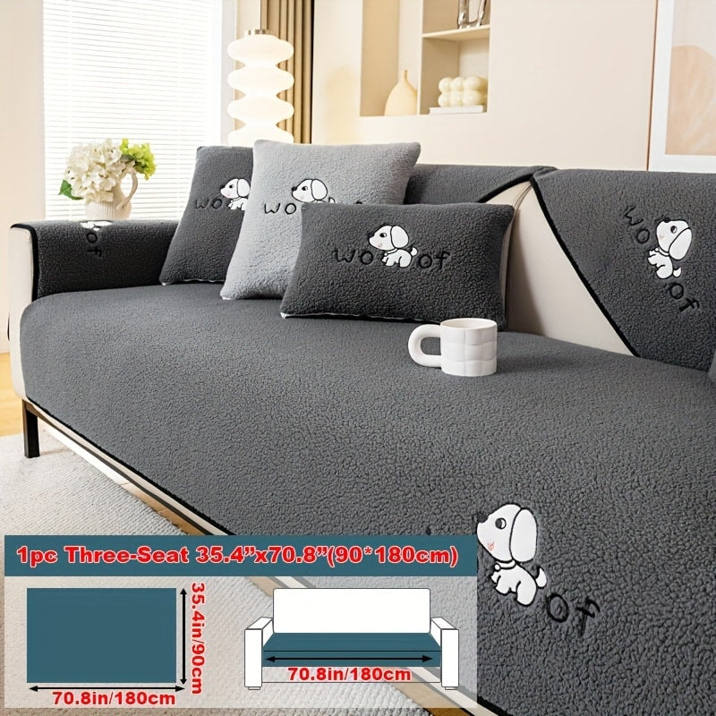 Sherpa Plush Sofa Cover Non-Slip | Thick Fleece Couch Protector, Pet Friendly Furniture Shield, 1 to 4 Seat, Armrest Backrest Pillowcase, Deep Gray Light Gray Coffee Off White