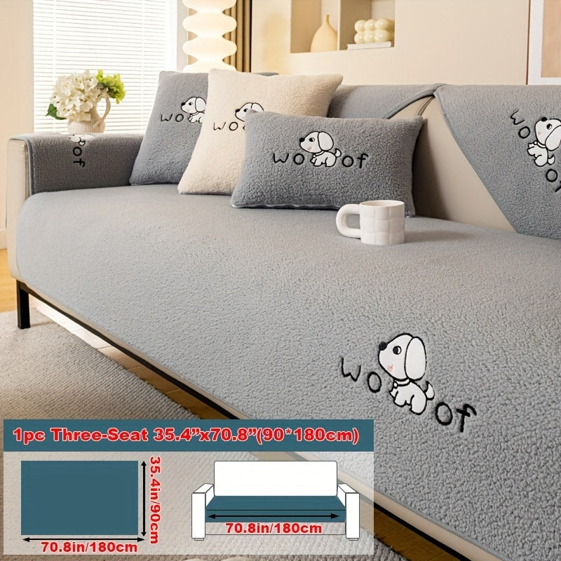 Sherpa Plush Sofa Cover Non-Slip | Thick Fleece Couch Protector, Pet Friendly Furniture Shield, 1 to 4 Seat, Armrest Backrest Pillowcase, Deep Gray Light Gray Coffee Off White