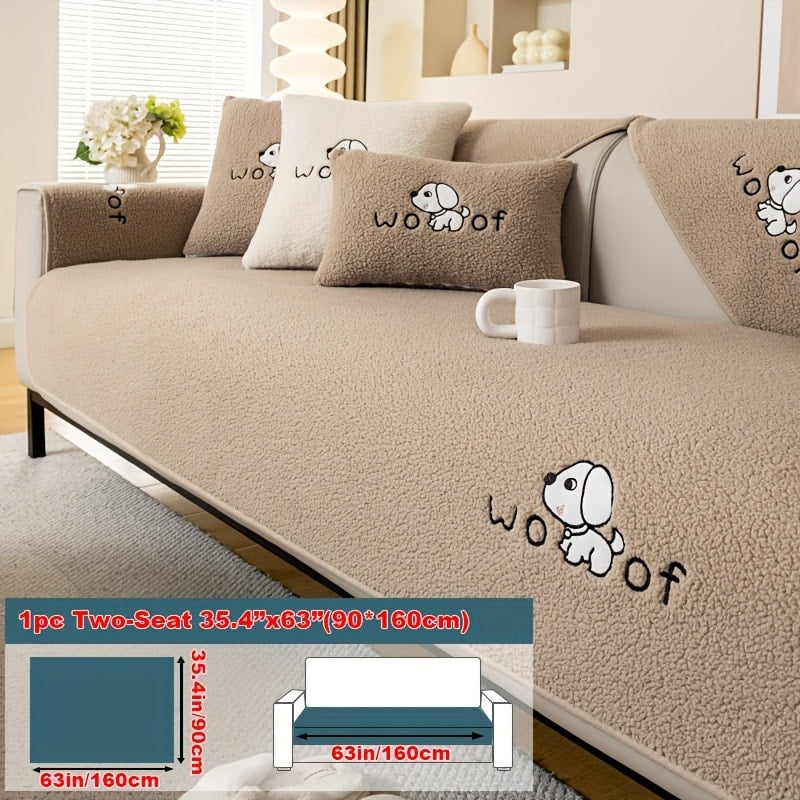 Sherpa Plush Sofa Cover Non-Slip | Thick Fleece Couch Protector, Pet Friendly Furniture Shield, 1 to 4 Seat, Armrest Backrest Pillowcase, Deep Gray Light Gray Coffee Off White