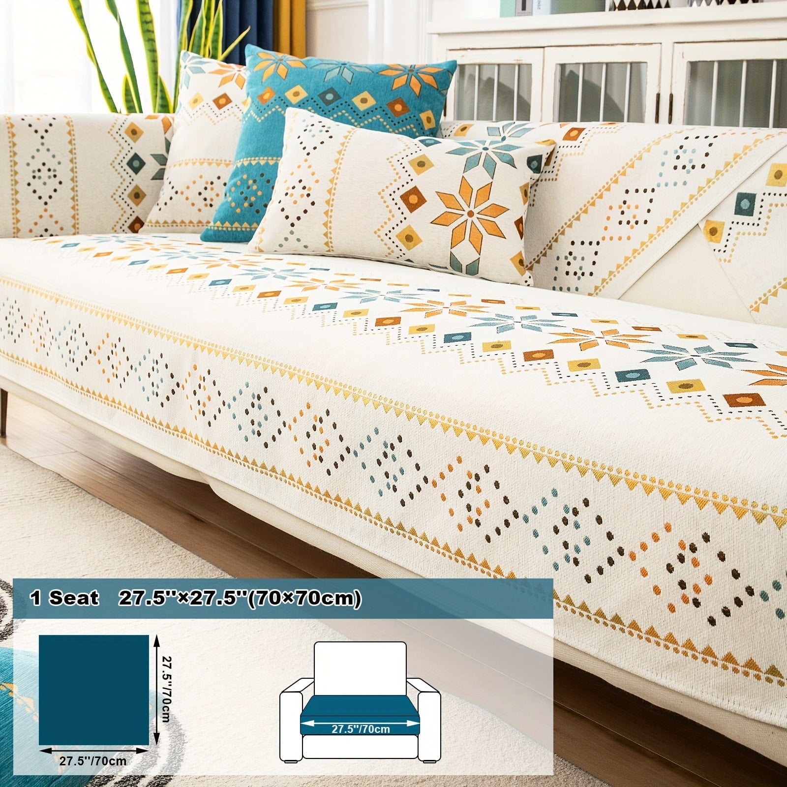 Bohemian Chenille Sofa Cover | Geometric Print Non-Slip Couch Slipcover, Thick Plush Boho Style, 1 to 4 Seat, Armrest & Backrest, Machine Washable, Sectional Sofa Protector