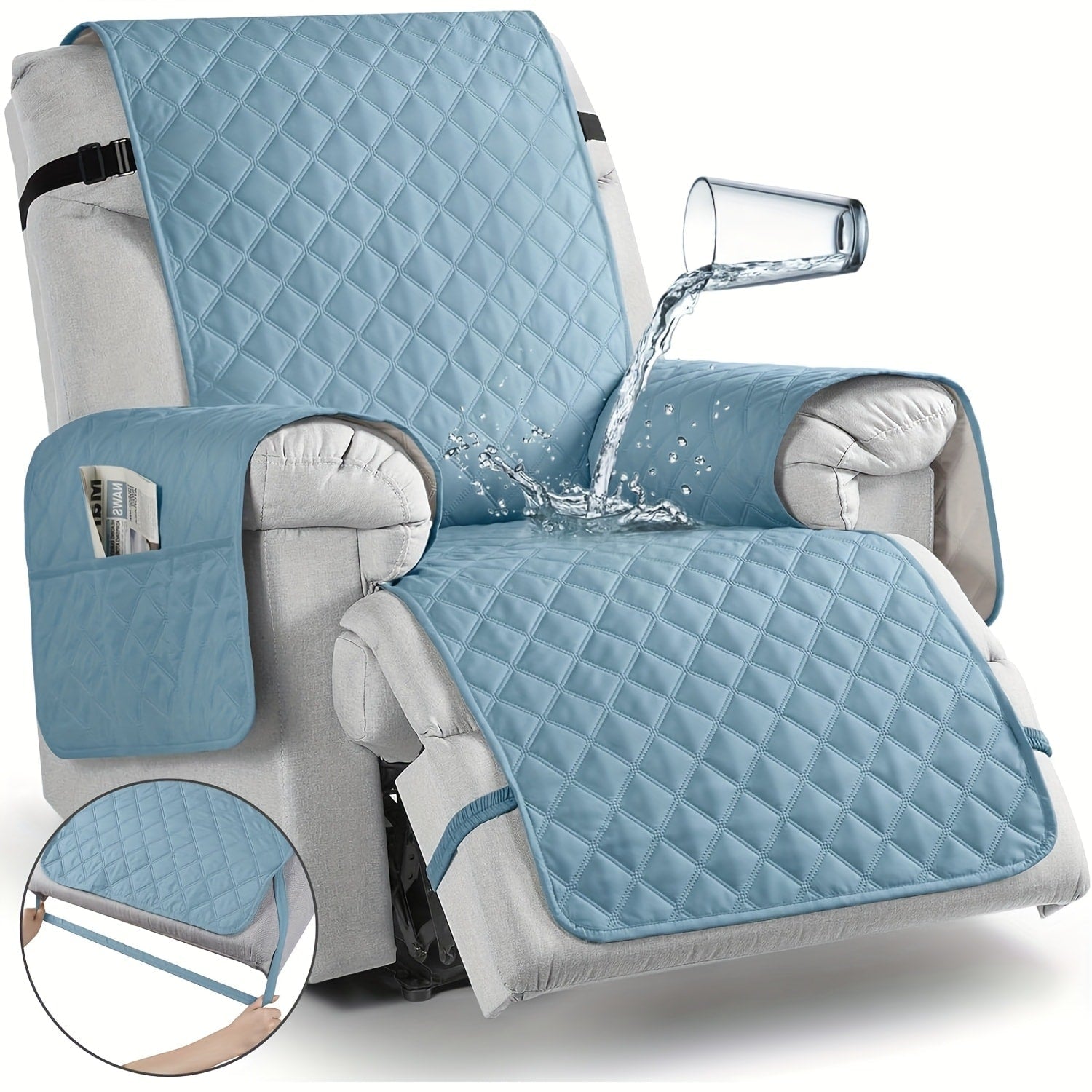 Waterproof Recliner Chair Cover with Pocket | Non-Slip Washable Reclining Sofa Protector for Dogs Cats, Adjustable Strap