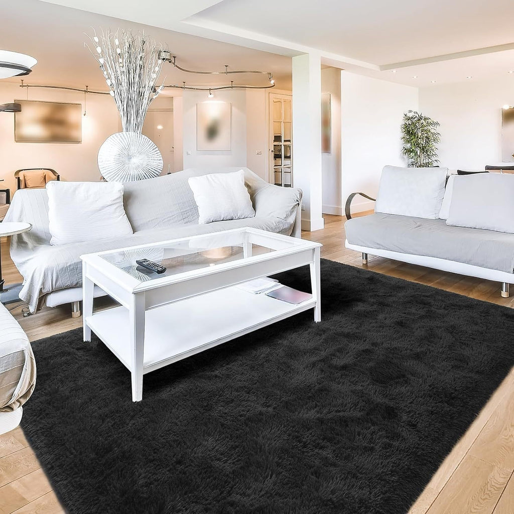 Shaggy Fluffy Area Rug for Bedroom Living Room - Soft Thick Tufted Fuzzy Carpet, Black, Multiple Sizes