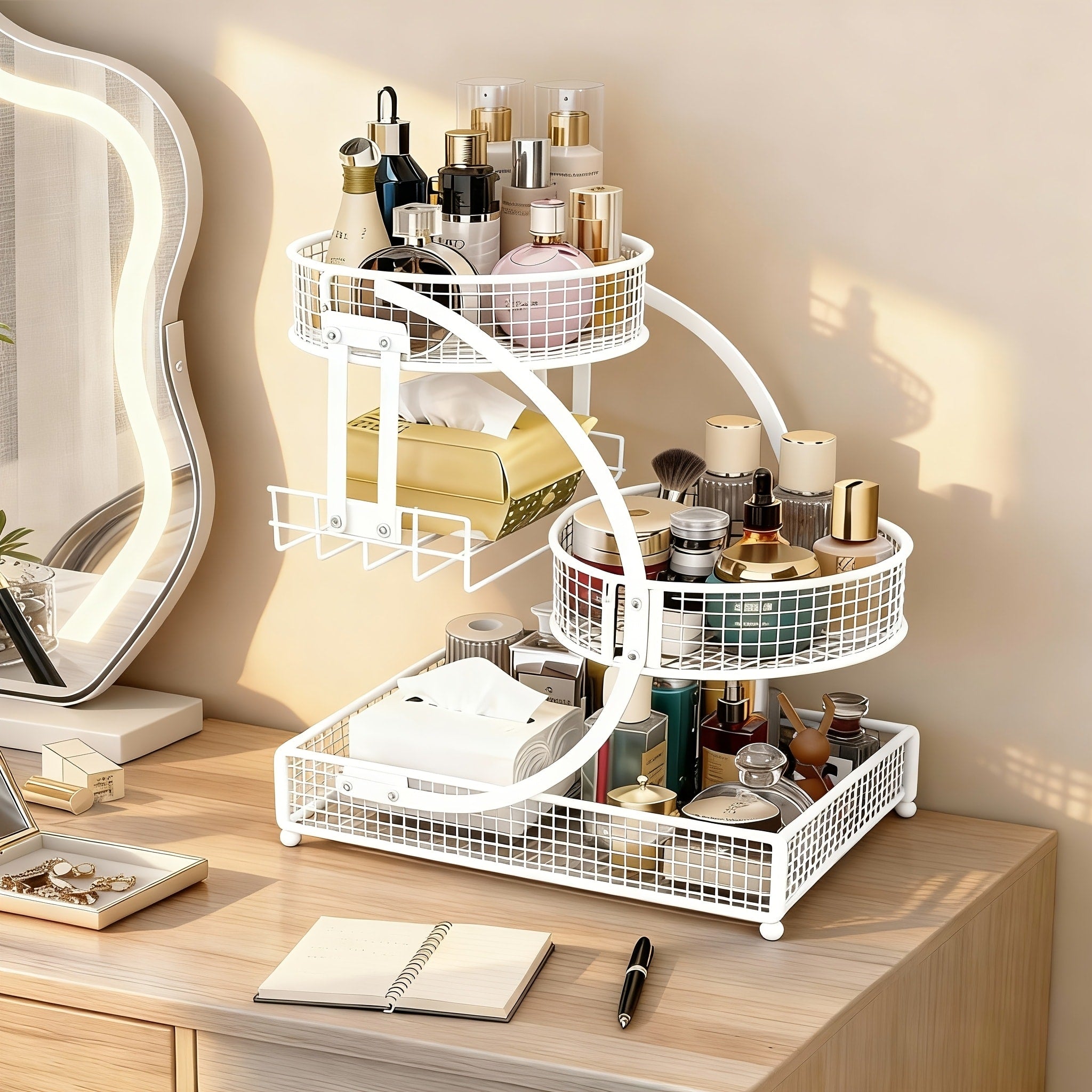 3-Tier Metal Makeup Organizer with Round Baskets Anti-Rust Vanity Storage Rack with Tissue Holder Space Saving Cosmetic Organizer Gift for Women