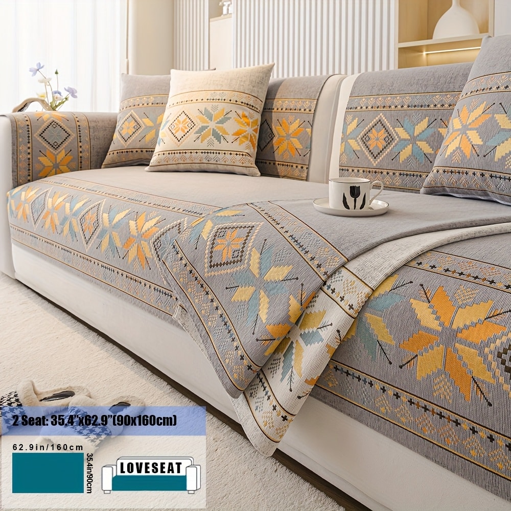 Chenille Sofa Slipcover 1pc Boho Vintage Style - Luxury Non-Slip Removable Four Seasons Universal Couch Cover | Armrest 1 2 3 4 Seater | Dark Gray Light Gray Blue | Living Room Home Decor