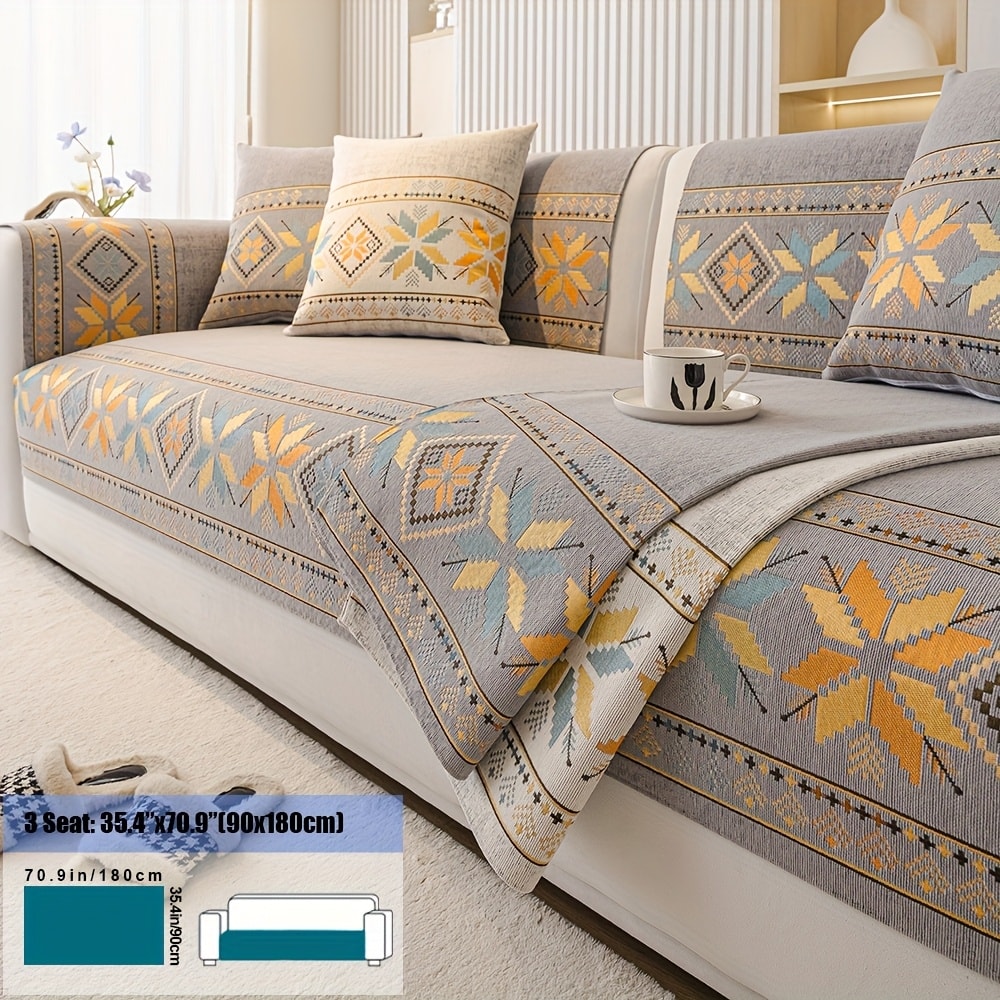 Chenille Sofa Slipcover 1pc Boho Vintage Style - Luxury Non-Slip Removable Four Seasons Universal Couch Cover | Armrest 1 2 3 4 Seater | Dark Gray Light Gray Blue | Living Room Home Decor