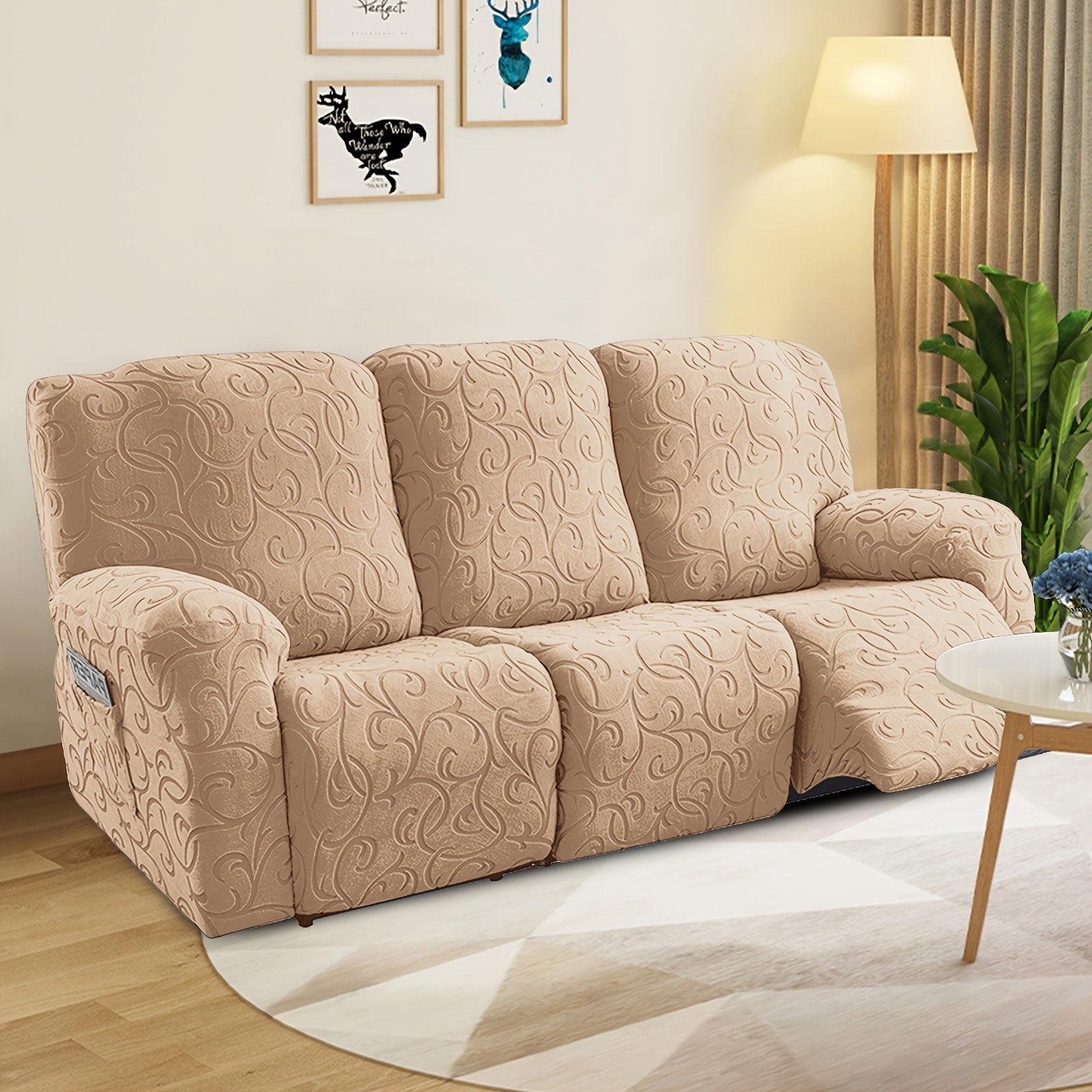 Chenille Recliner Sofa Cover 3 Seater High Stretch Thickened Hooked Fabric - Machine Washable Wear Resistant Couch Slipcover | Sand Color Light Grey Chocolate | Living Room Bedroom Furniture Protector