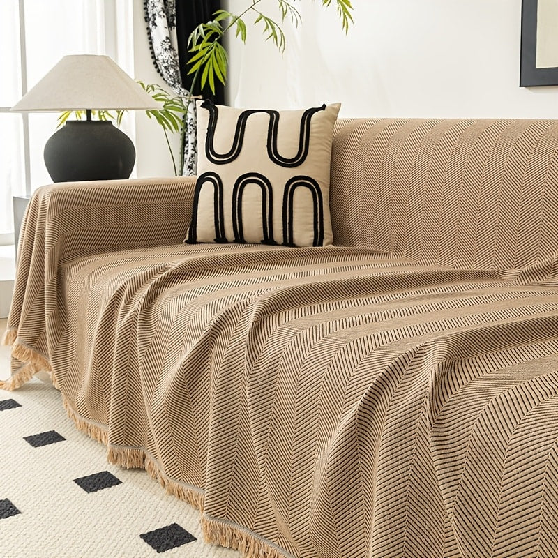 Herringbone Sofa Throw Cover with Tassels Jacquard Woven Solid Color Washable Polyester Sofa Blanket Slipcover for 3 4 Seater Couch Living Room - Grey Coffee Green Blue