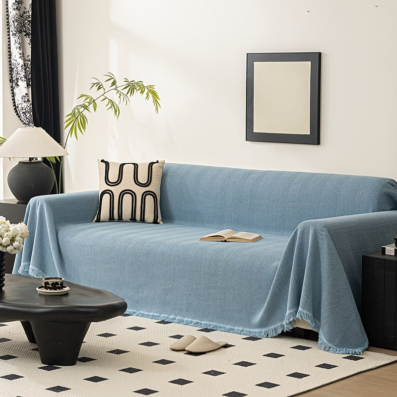 Herringbone Sofa Throw Cover with Tassels Jacquard Woven Solid Color Washable Polyester Sofa Blanket Slipcover for 3 4 Seater Couch Living Room - Grey Coffee Green Blue