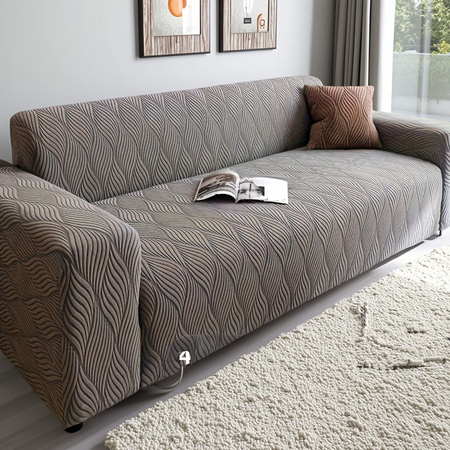 Polar Fleece Sofa Cover Modern Jacquard Elastic Slip-Resistant All Season Furniture Protector for Living Room Office Bedroom - 1 2 3 4 Seater with Free Matching Pillowcase