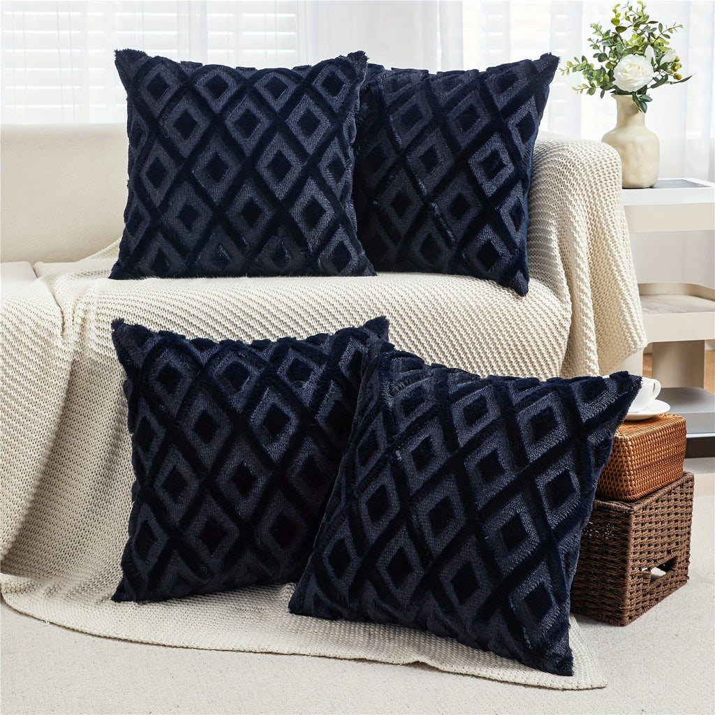 Luxury Faux Wool Pillow Covers 18x18 Set of 4 Boho Soft Plush Decorative Cushion Cases with Zipper for Couch Sofa Living Room - Heather Pink Navy Blue Yellow
