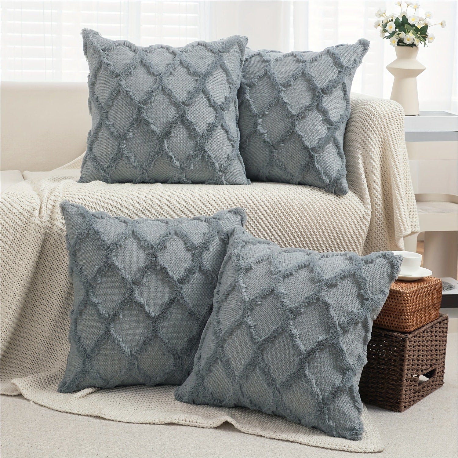 Decorative Pillow Covers 18x18 Set of 4 Boho Soft Plush Faux Wool Throw Pillow Cases with Zipper for Sofa Couch Bedroom Living Room - Luxury Cushion Covers