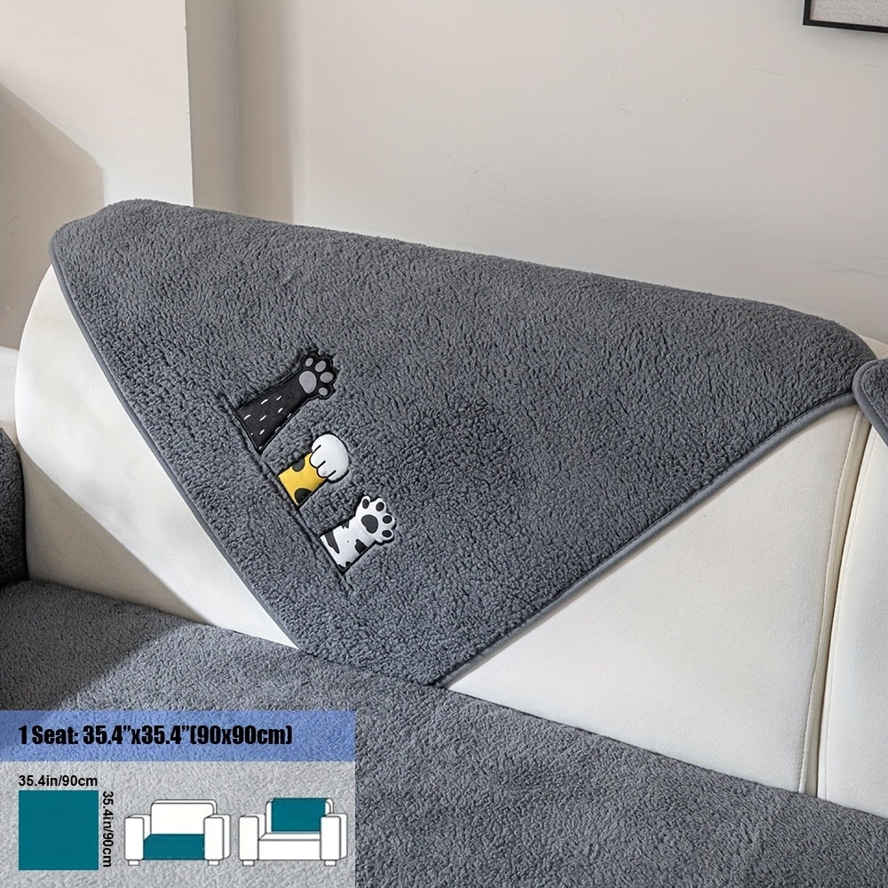 Sherpa Sofa Cover Cat Paw Embroidered Thick Plush Couch Slipcover Non-Slip Seat Cushion Protector Pet-Friendly Machine Washable Furniture Cover for Living Room Home Decor