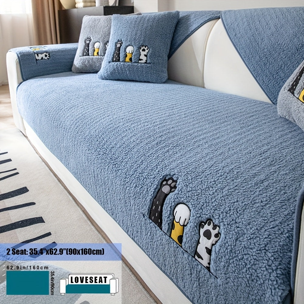 Sherpa Sofa Cover Cat Paw Embroidered Thick Plush Couch Slipcover Non-Slip Seat Cushion Protector Pet-Friendly Machine Washable Furniture Cover for Living Room Home Decor