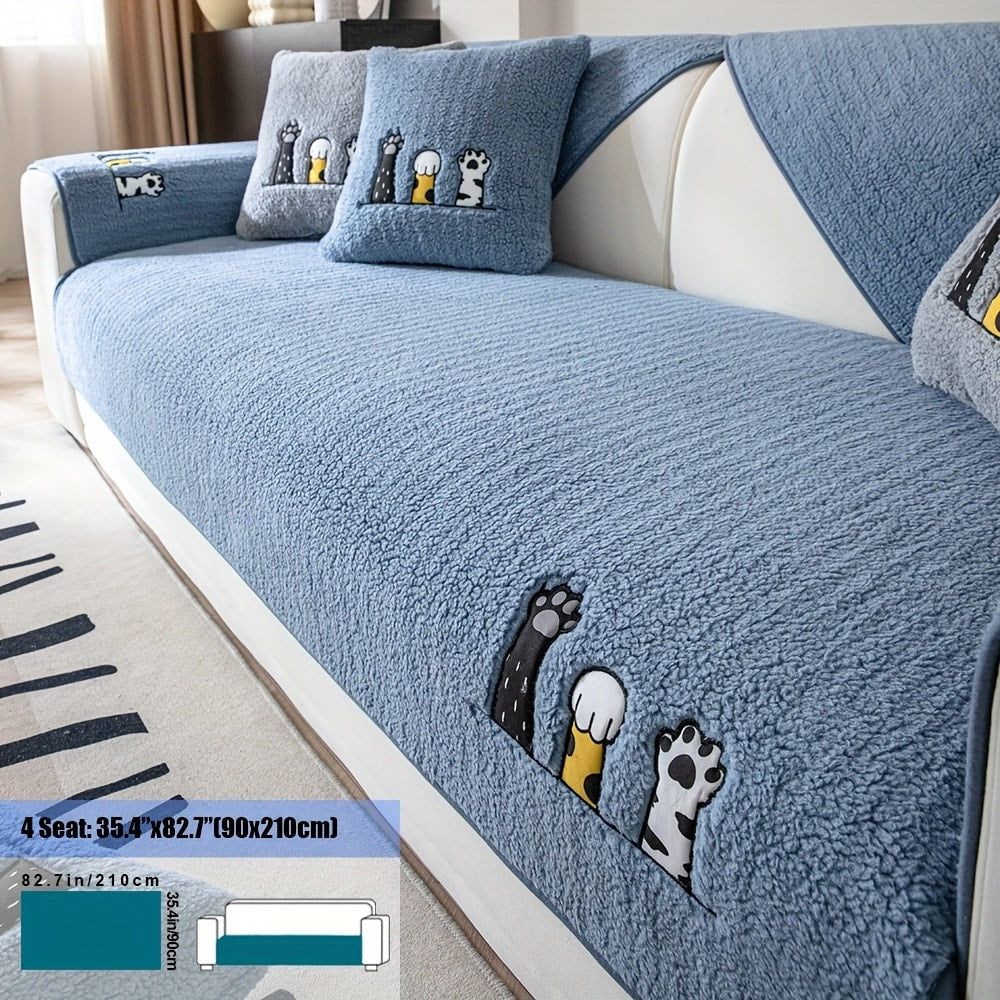 Sherpa Sofa Cover Cat Paw Embroidered Thick Plush Couch Slipcover Non-Slip Seat Cushion Protector Pet-Friendly Machine Washable Furniture Cover for Living Room Home Decor