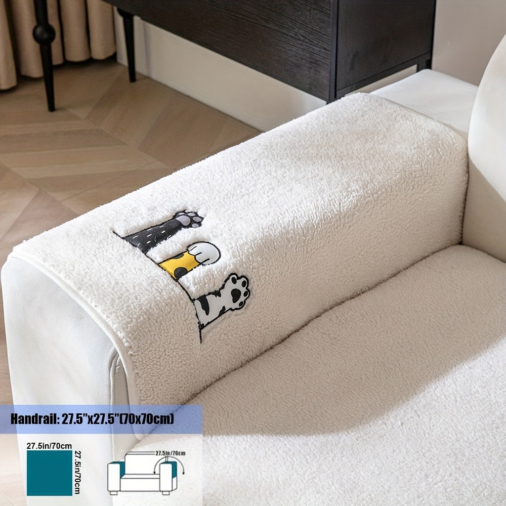 Sherpa Sofa Cover Cat Paw Embroidered Thick Plush Couch Slipcover Non-Slip Seat Cushion Protector Pet-Friendly Machine Washable Furniture Cover for Living Room Home Decor