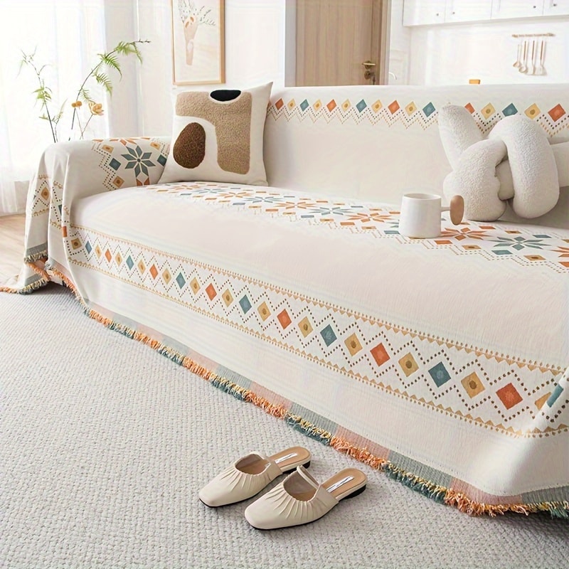 Bohemian Embroidery Chenille Sofa Cover 300GSM - Machine Washable Knit Weave Slipcover for 2 3 4 Seater Sectional Sofa No Padding, 5 Colors