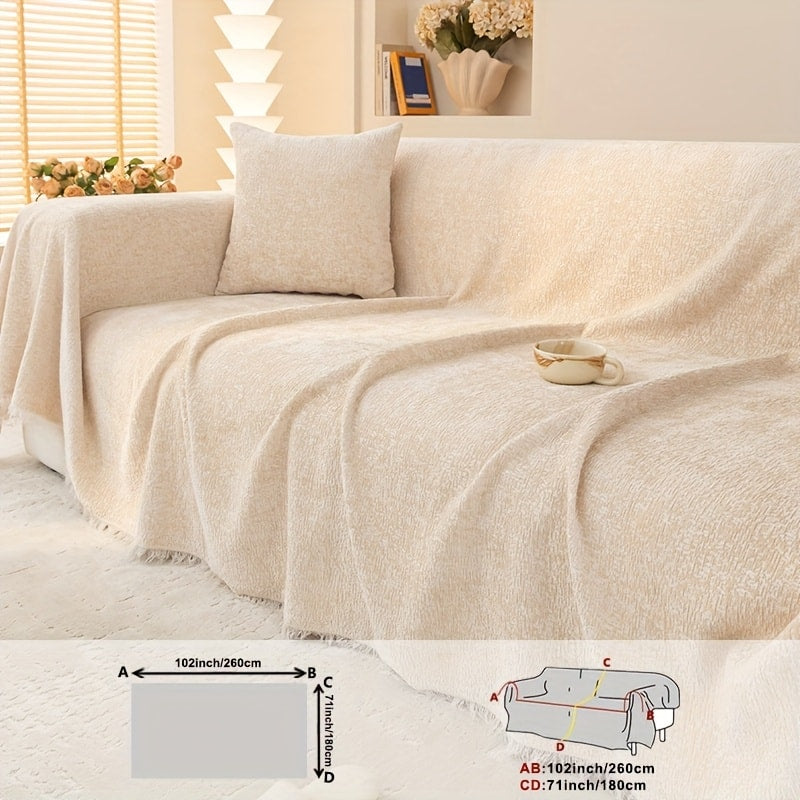 Chenille Sofa Cover with Fringe 300GSM - Super Soft Pet Friendly Solid Couch Slipcover for Single 2 4 Seater Living Room Decoration, 4 Colors