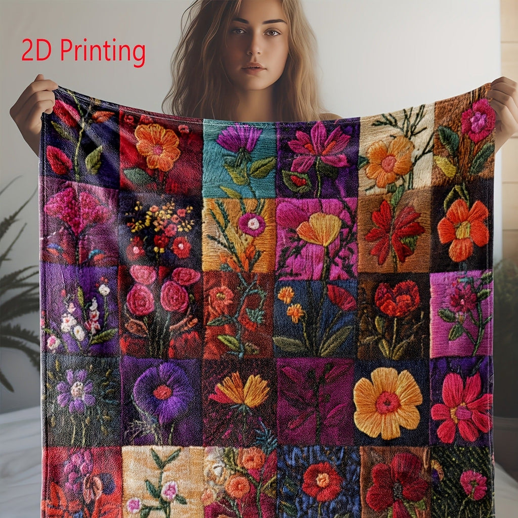 Vintage Green Floral Plaid Flannel Throw Blanket - Soft Warm Cozy 250GSM Retro Style Digital Print for Couch Bed Car Office Camping, All-Season Gift Blanket