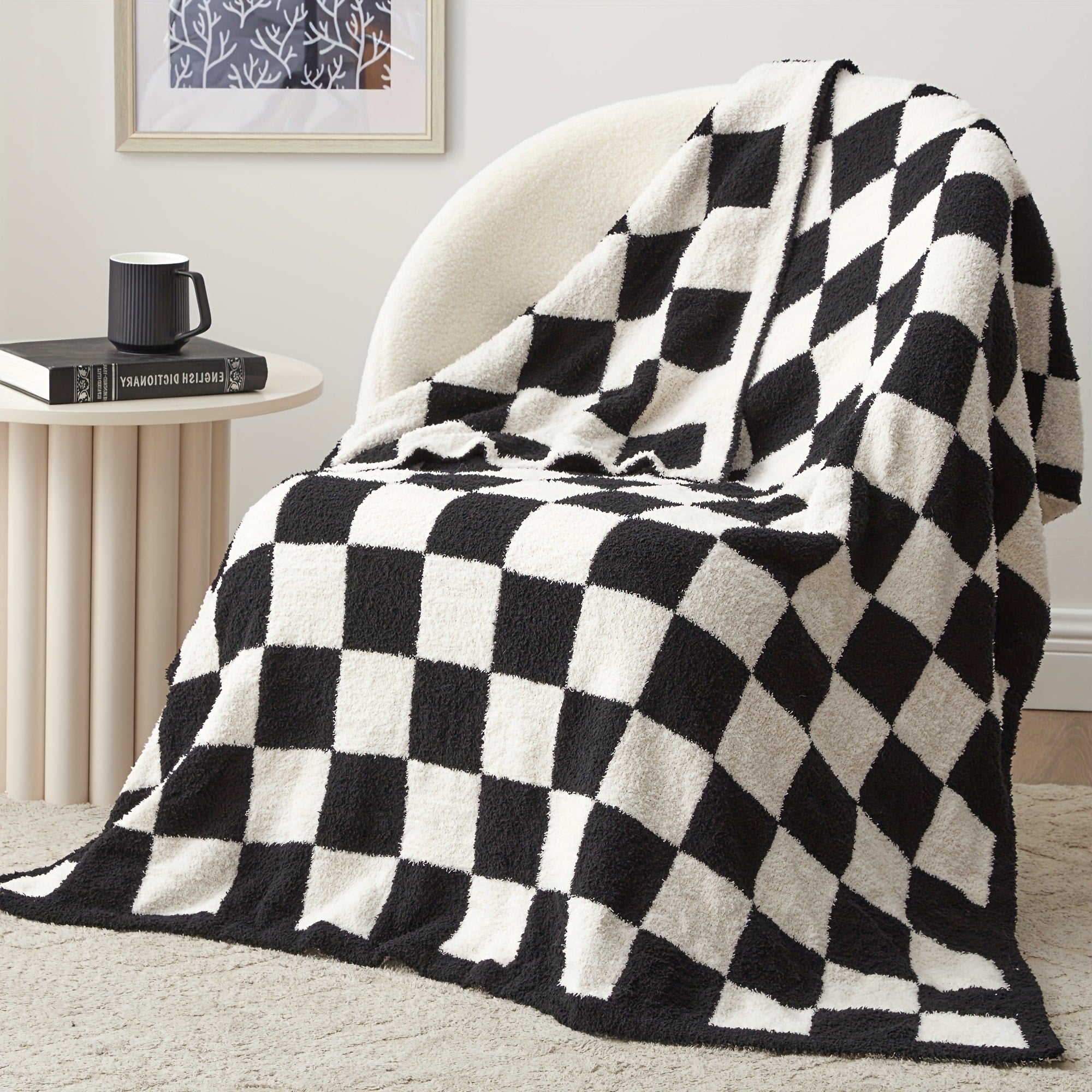 Jacquard Knit Checkered Blanket ¨C Soft Cozy Fluffy Plaid Throw for Couch, Bed & Sofa, All Seasons, 4 Colors, Throw to King Size