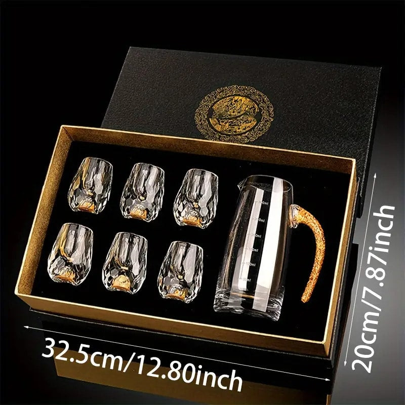 24K Gold Plated Crystal Wine Set ¨C 1 Decanter & 6 Cups with Leakproof Crystal Glasses ¨C Elegant Black Gift Box ¨C Luxury Home Bar, Wedding & Party Gift for Wine Lovers
