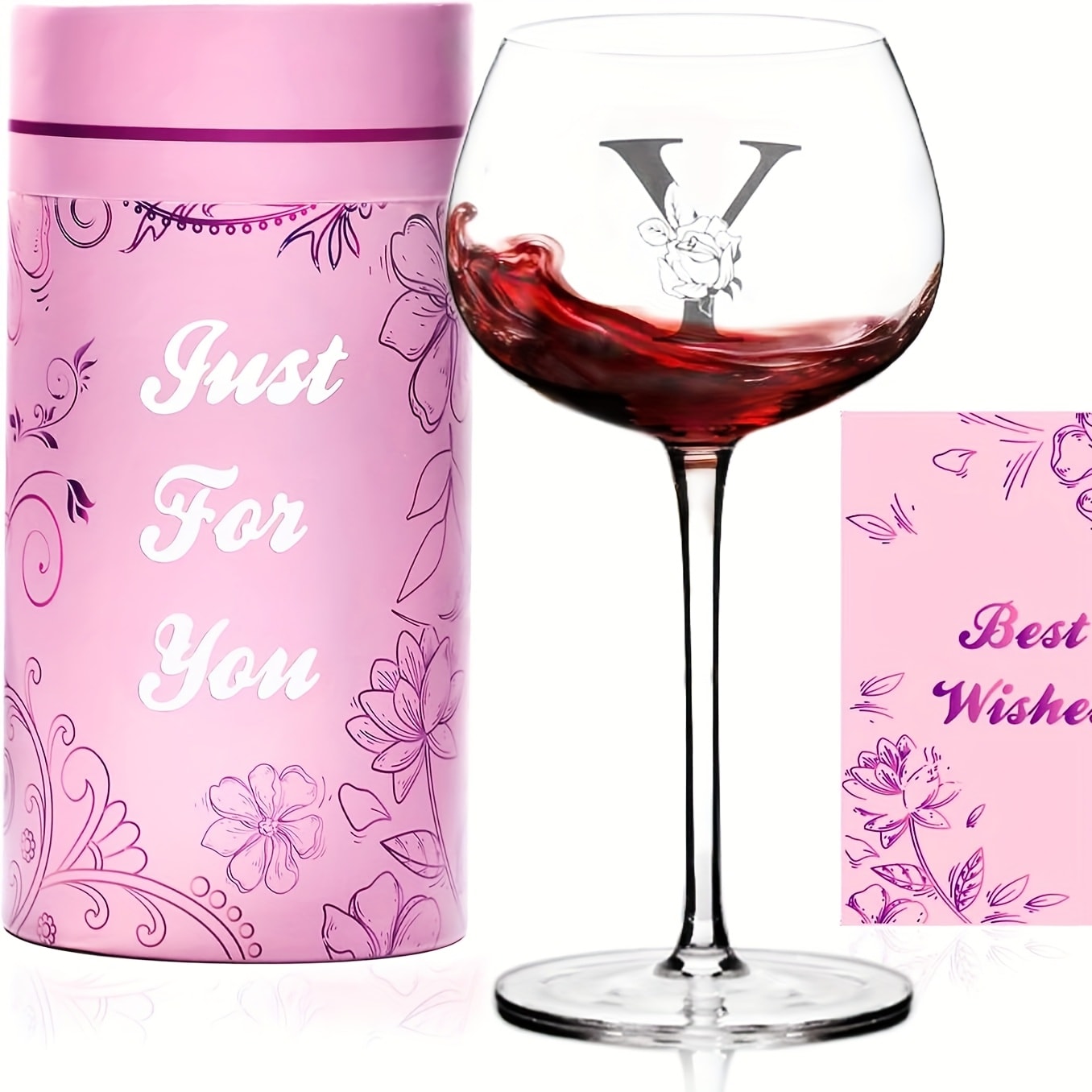 Personalized Wine Glass Gift for Women ¨C A-Z Initial Letter Monogrammed Wine Glass with Gift Box & Greeting Card ¨C Unique Birthday, Christmas & Mother's Day Gift for Mom, Best Friend & Sister