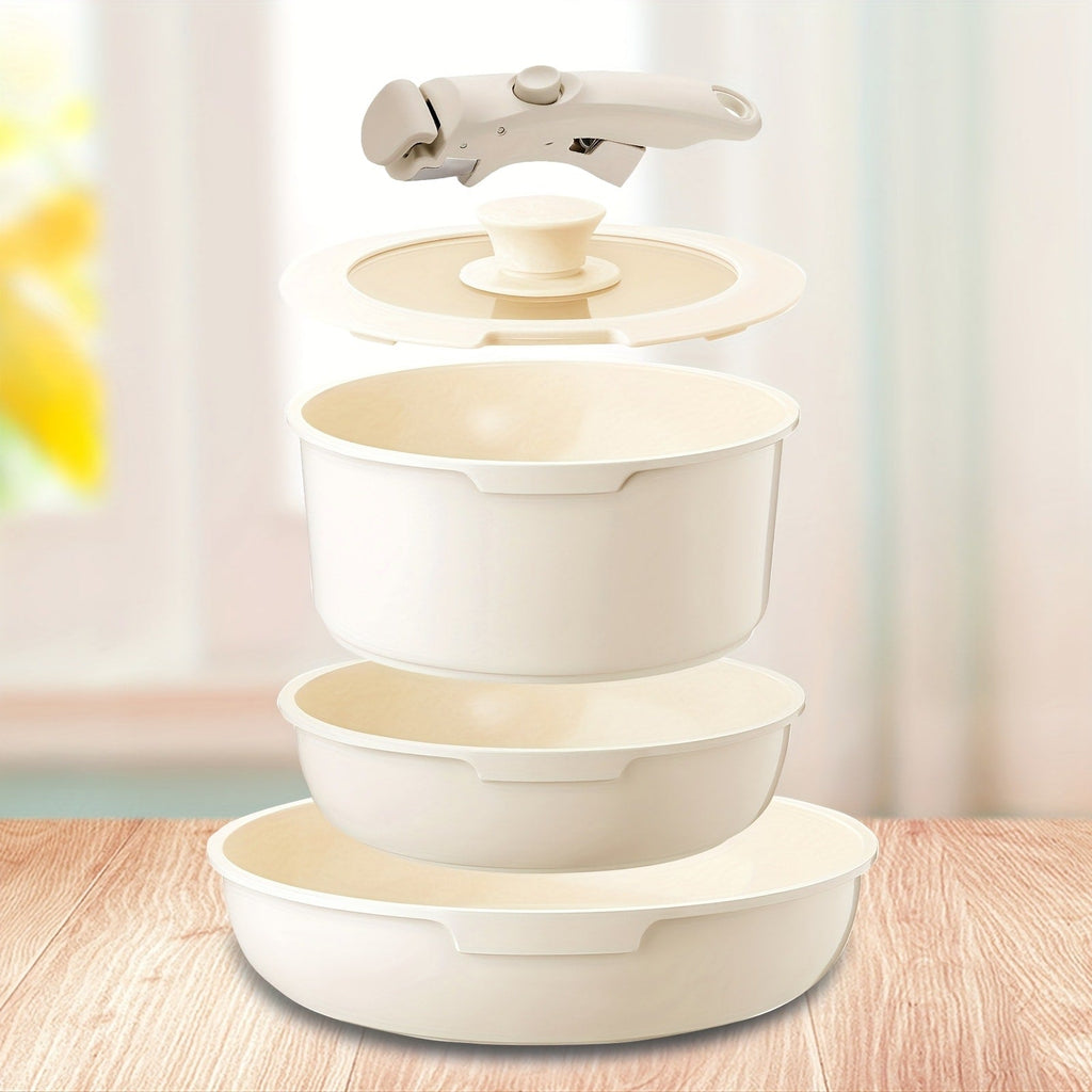 Nonstick Cookware Set 5-Piece Detachable Handle Aluminum Pots and Pans ¨C Space-Saving Stackable Induction Compatible | 8 & 10 Inch Frying Pan Soup Pot Universal Lid | White Pink Beige Coral Pink