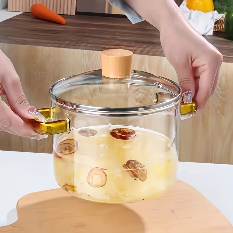 Borosilicate Glass Pot with Lid 50oz Stovetop & Microwave Safe ¨C Double Heat-Resistant Handles for Soup, Milk & Porridge | Transparent Glass Saucepan Kitchen Cooker with Yellow or Green Handle