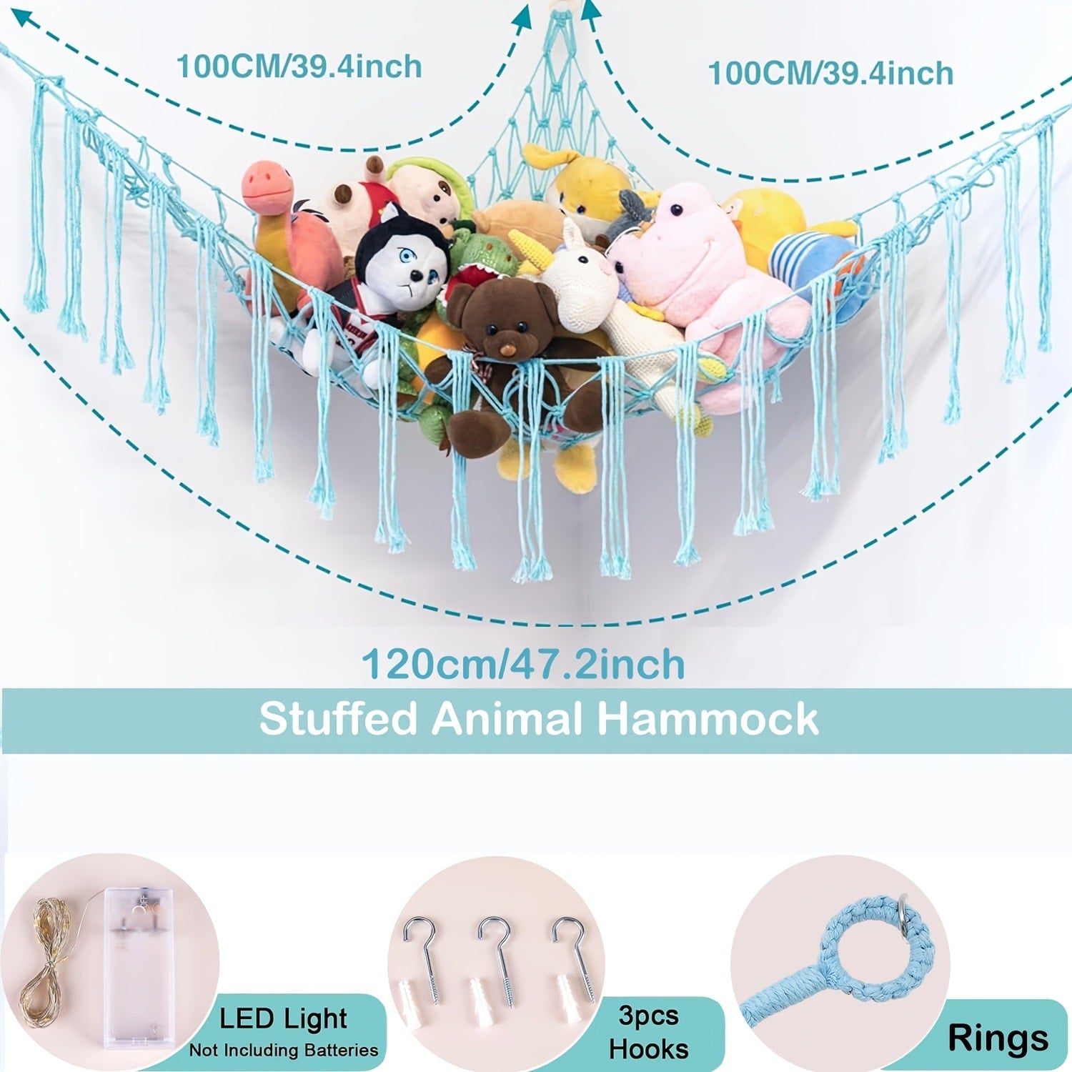 Stuffed Animal Storage Hammock with Lights Corner Hanging Toy Net Organizer for Nursery Bedroom Kids Room Decor Plush Toy Holder Christmas Halloween Easter Gift