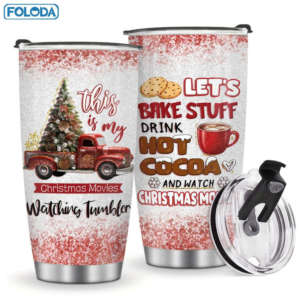 Christmas Tumbler 20oz Stainless Steel Insulated Travel Mug with Lid & Straw Holiday Xmas Patterns Red Truck Snowman Santa Gift for Men Women Friends Teachers