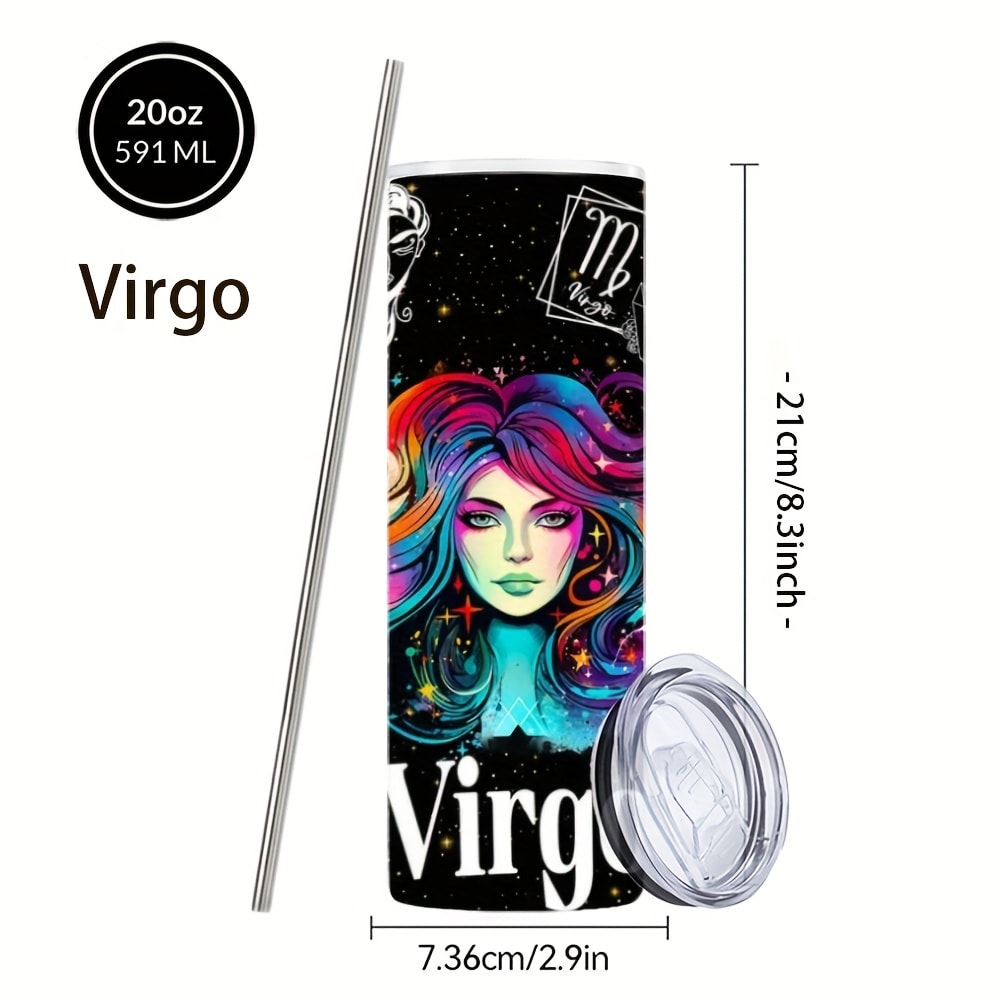 Zodiac Tumbler 20oz Stainless Steel Insulated Travel Cup with Lid & Straw Horoscope Coffee Mug All 12 Signs Hot Cold Drinks Gift Birthday Halloween Christmas