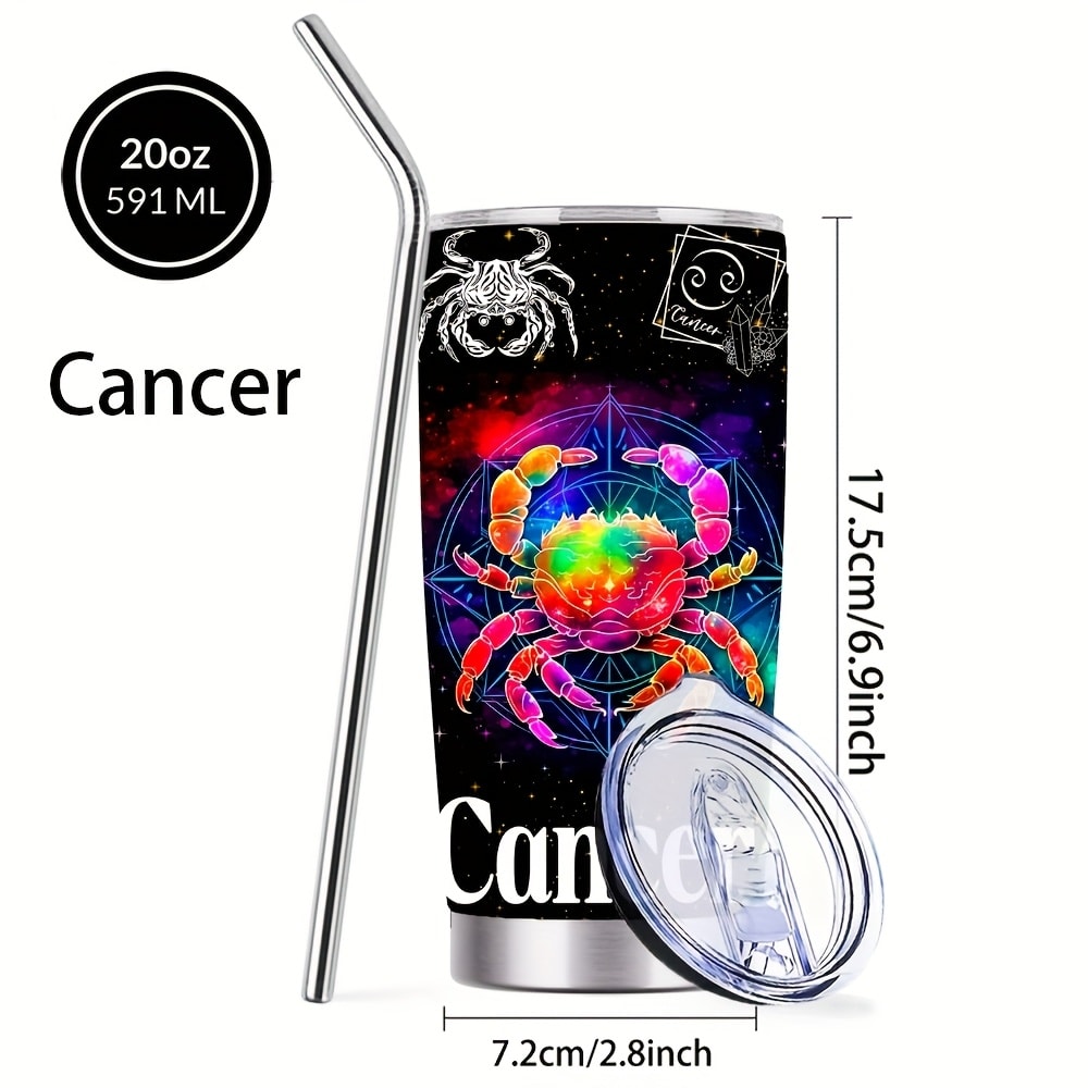 Zodiac Sign Insulated Tumbler 20oz Stainless Steel Travel Cup with Lid & Straw Hot Cold Drinks Horoscope Coffee Mug Gift for Men Women Birthday Christmas