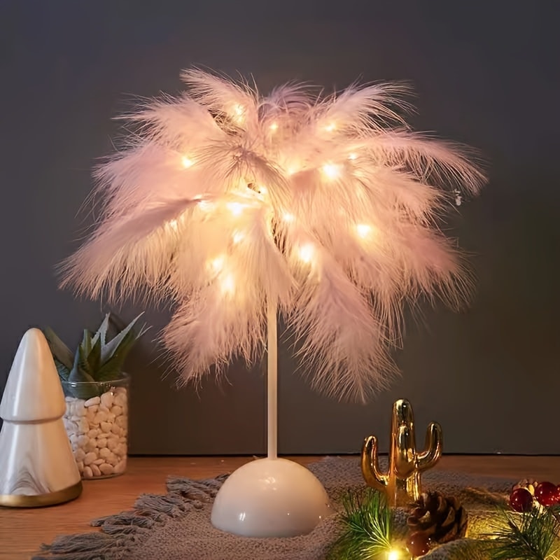 Feather LED Table Lamp ¨C 40-Head Copper Wire Night Light, Romantic Atmosphere Lamp for Bedroom Living Room, Cute Desk Decor Light for Birthday Valentine's Day Gift (White / Pink, 1pc / 2pcs)