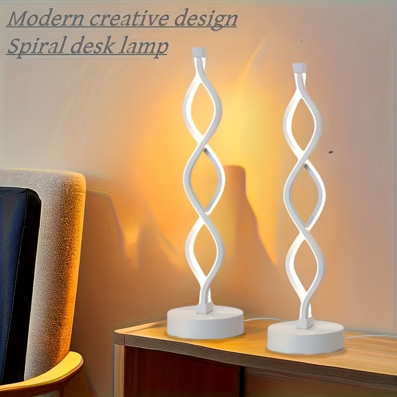 Spiral LED Table Lamp ¨C Modern Minimalist Wave Dimmable Desk Lamp, 3 Color Temperatures, USB Charging, Metallic Base, Creative Curved Night Light for Bedroom Living Room Office Study (1pc / 2pc / Wooden)