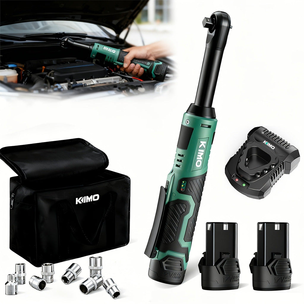 Cordless Ratchet Wrench 3/8 Inch 12V ¨C KIMO 40ft-lb Torque Power Ratchet Set with 2.0Ah Battery, Fast Charger & 8 Sockets