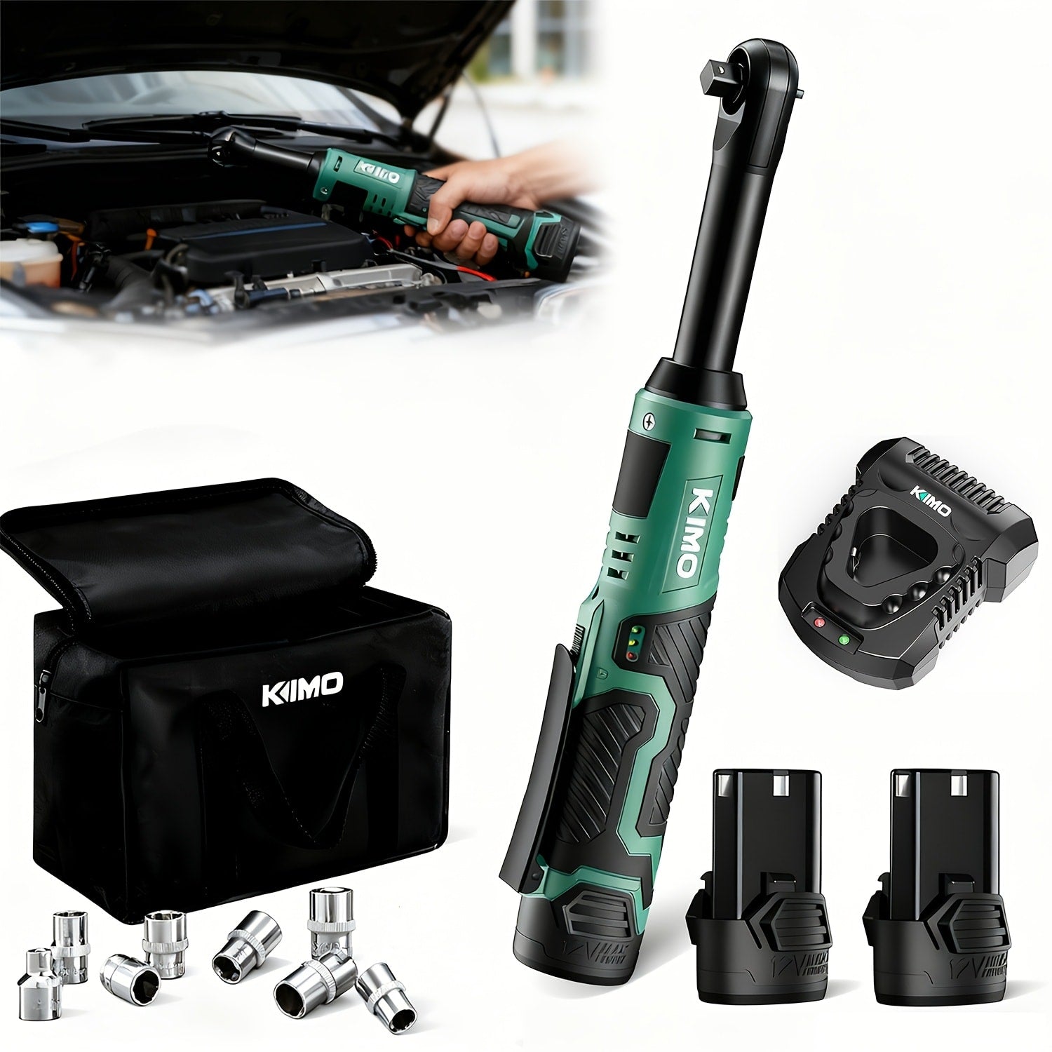 Cordless Ratchet Wrench 3/8 Inch 12V ¨C KIMO 40ft-lb Torque Power Ratchet Set with 2.0Ah Battery, Fast Charger & 8 Sockets