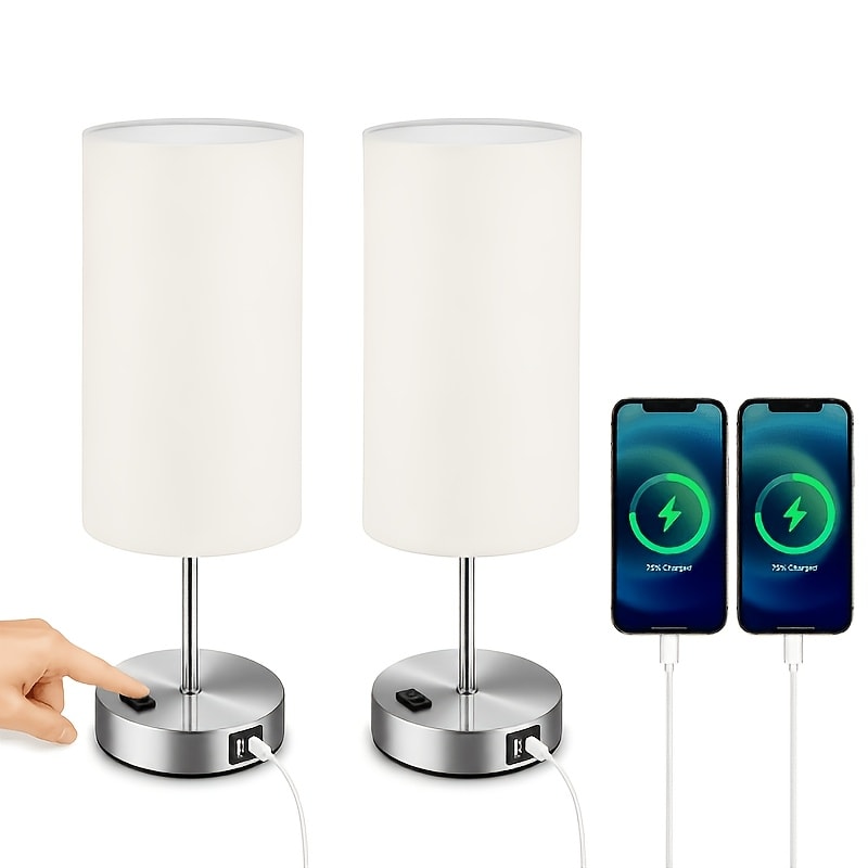 Dimmable Table Lamp with USB Charging Ports & AC Outlet - 3-Way Touch Control Bedside Nightstand Lamp, 6W LED Bulb Included, Wood & Metal Base, Modern Desk Light for Bedroom, Living Room & Office (1 or 2 Pack)