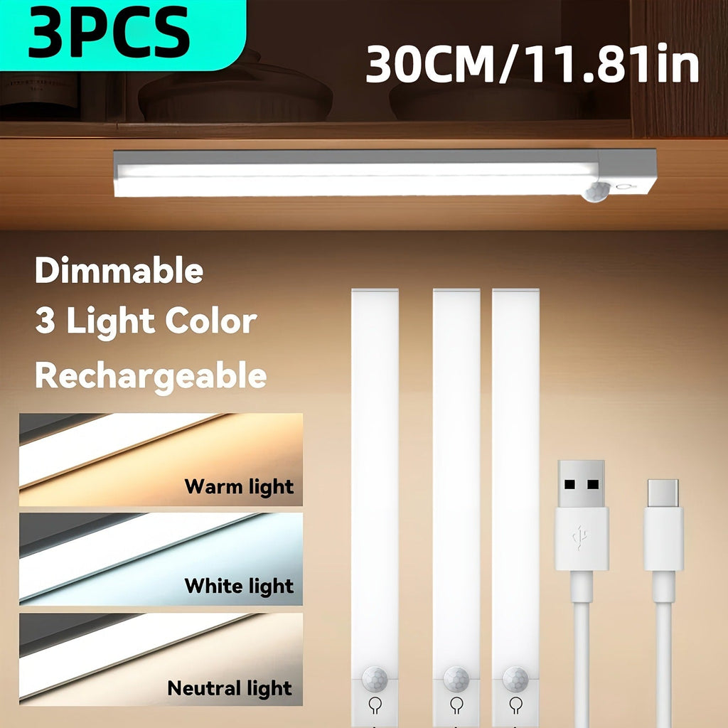 Motion Sensor Light 3 Pack USB Rechargeable LED Cabinet Light Dimmable 3 Color Temps Magnetic Base for Kitchen Closet Stairs Hallway Bedroom 7.87¡± 11.81¡±
