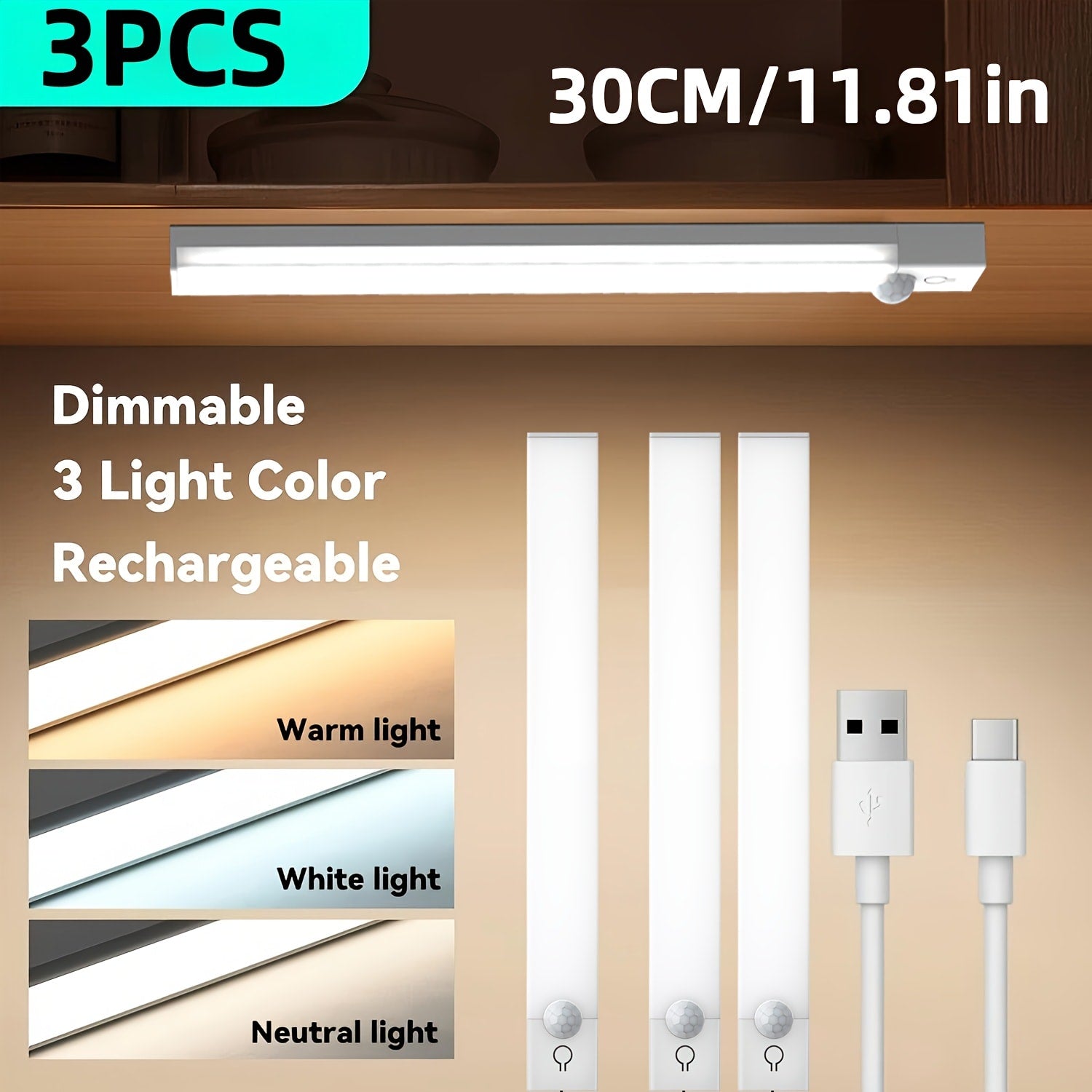 Motion Sensor Light 3 Pack USB Rechargeable LED Cabinet Light Dimmable 3 Color Temps Magnetic Base for Kitchen Closet Stairs Hallway Bedroom 7.87¡± 11.81¡±