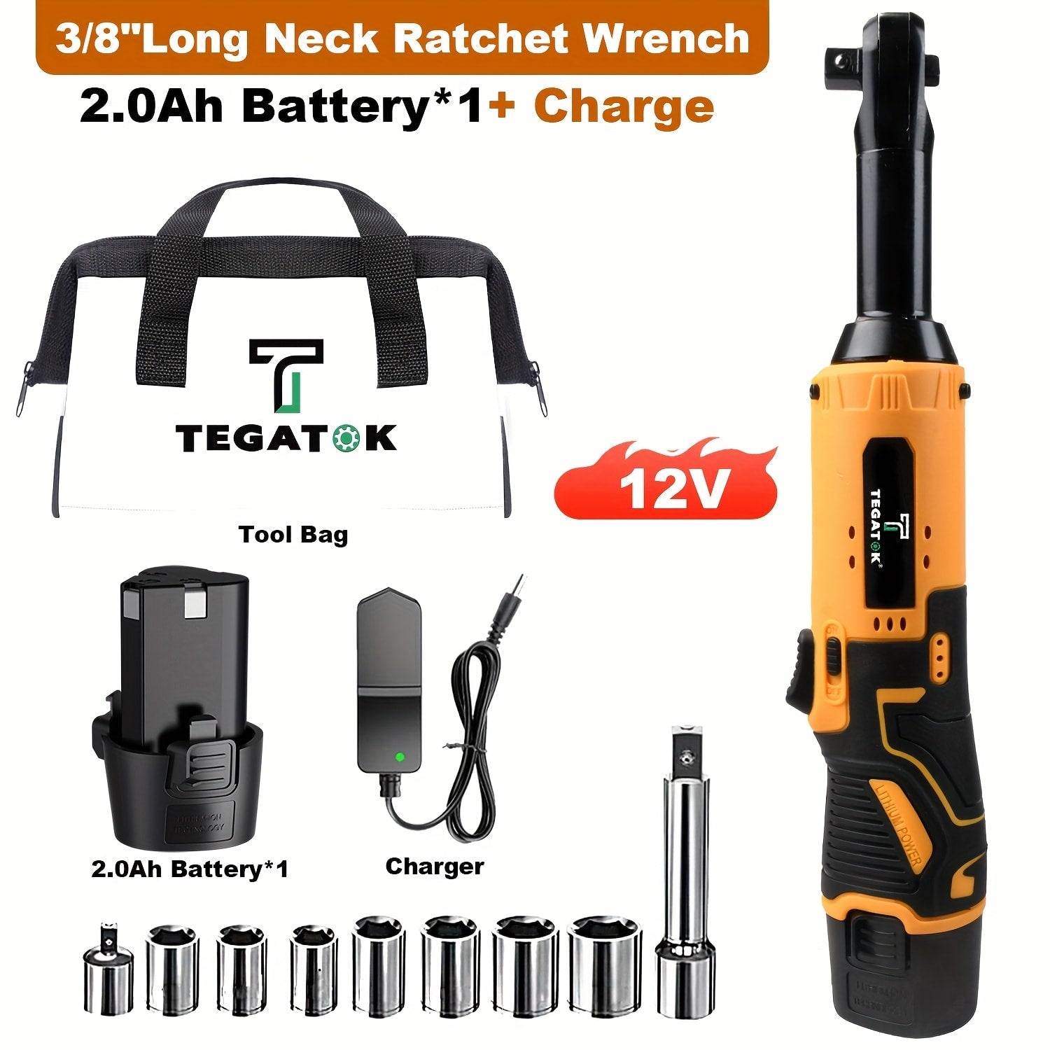 12V Cordless Ratchet Wrench Set 3/8¡± Drive | 40 Ft-lbs Torque, Variable Speed Trigger, Lithium-Ion Battery, 7 Sockets Included
