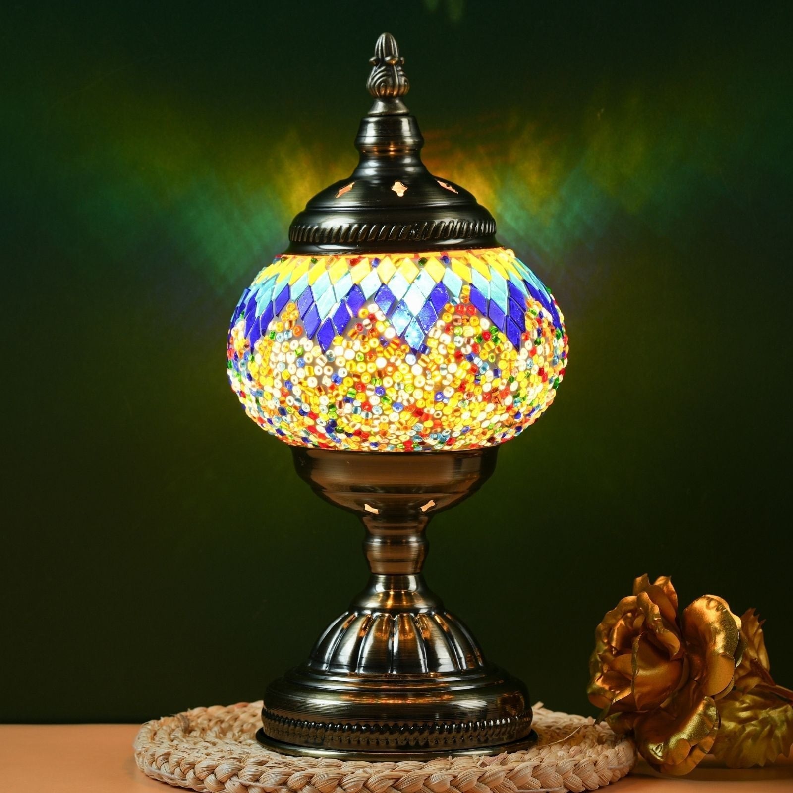Mosaic Table Lamp Handcrafted Turkish Glass Bedside Lamp 3-Color Dimmable with Metal Base Bulb Included