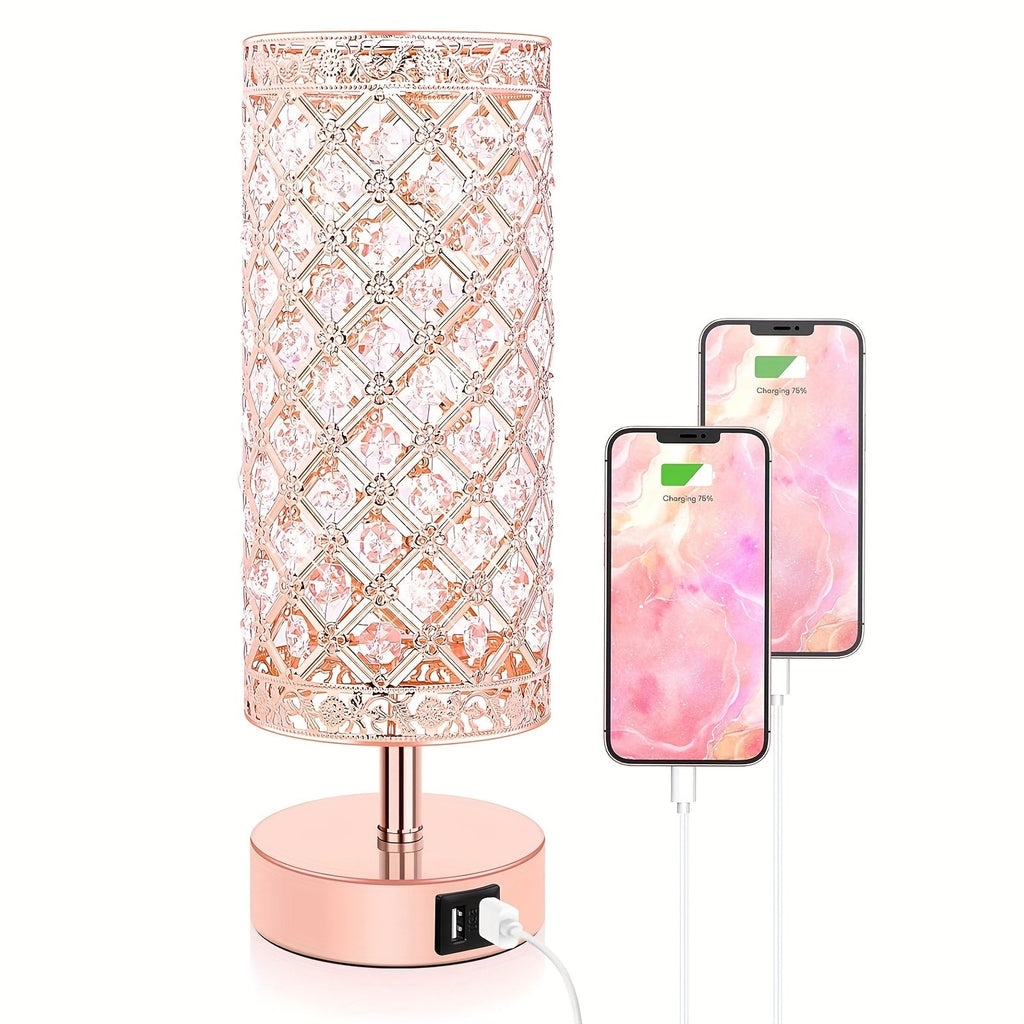 Crystal Bedside Table Lamp with Touch Control & 2 USB Charging Ports, 3-Way Dimmable Nightstand Lamp with Decorative Crystal Base, LED Bulb Included, for Bedroom Living Room Office