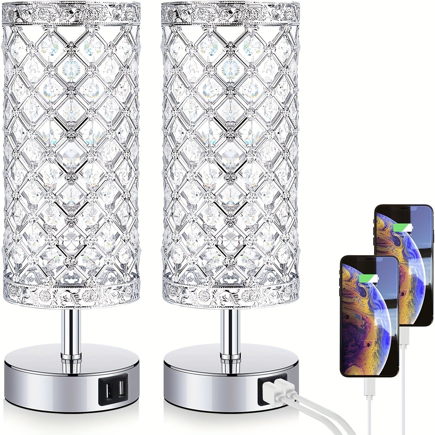 Crystal Bedside Table Lamp with Touch Control & 2 USB Charging Ports, 3-Way Dimmable Nightstand Lamp with Decorative Crystal Base, LED Bulb Included, for Bedroom Living Room Office