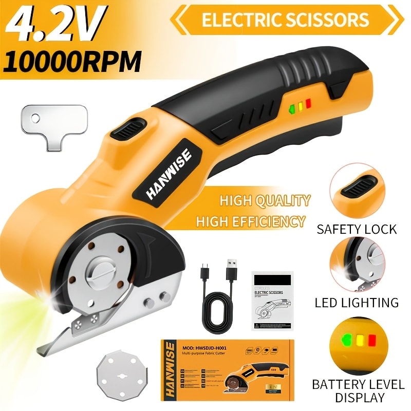 Electric Scissors Cordless 4.2V Rotary Cutter with 2000mAh Battery ¨C 10000 RPM, Safety Lock, LED Light, Anti-Slip Handle, Fabric Cutting Machine for Clothing, Cardboard, Carpet, Leather & Craft Projects