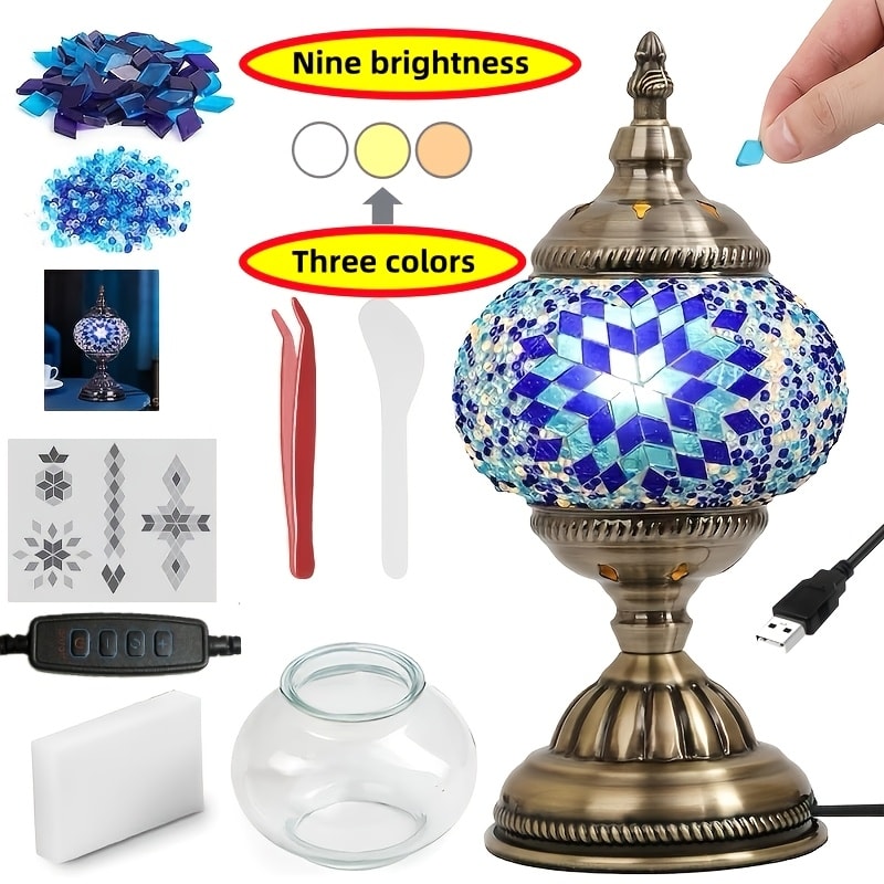 DIY Mosaic Lamp Kit Handmade Glass Table Lamp, Colorful Stained Glass Bedside Night Light with Antique Bronze Base, Decorative Desktop Lamp for Living Room, Bedroom & Home Decor (Multiple Colors)