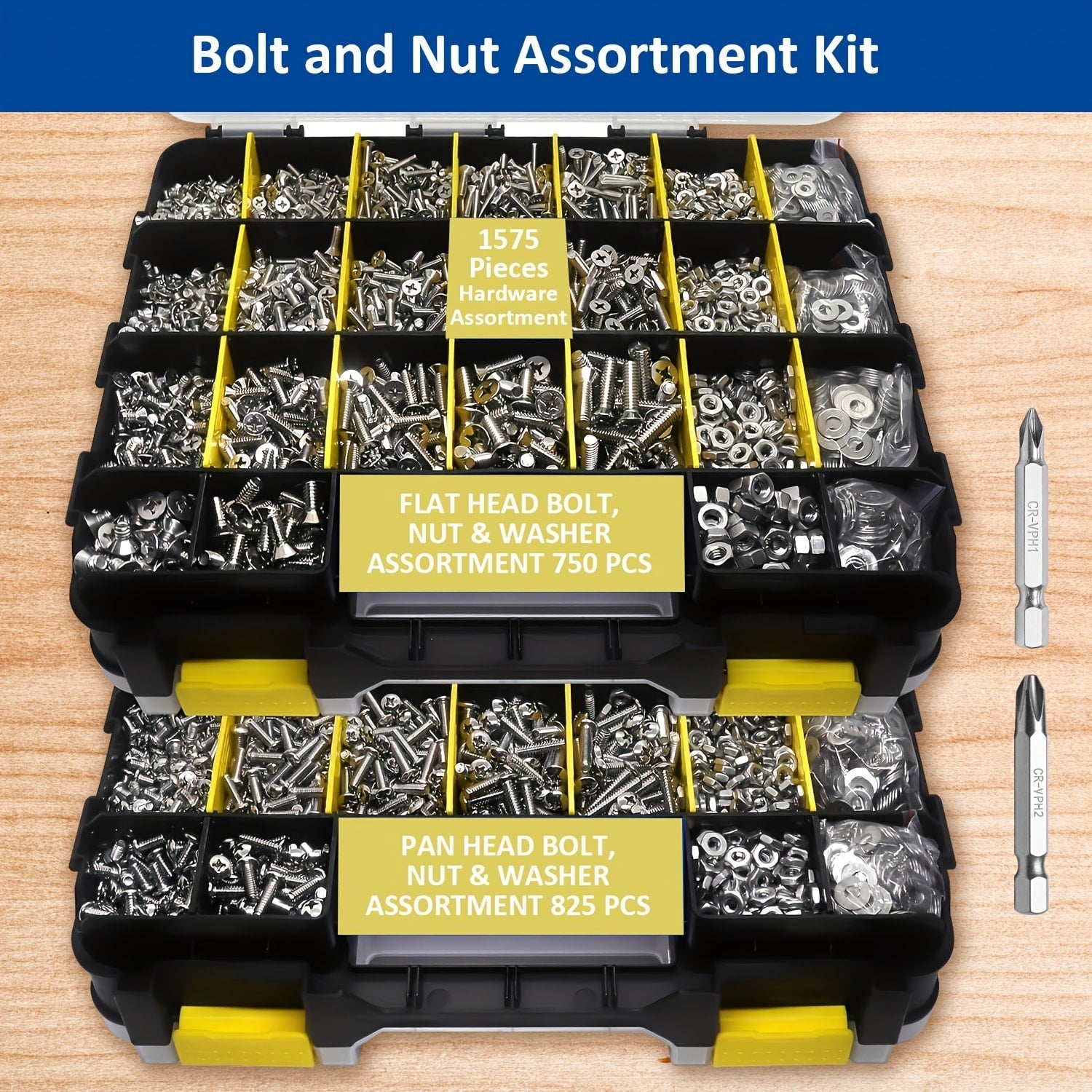 1575pcs 304 Stainless Steel Nuts and Bolts Assortment Kit ¨C Pan Head Flat Head Screws Nuts Washers with Double-Sided Storage Box for Home & Mechanical Repairs
