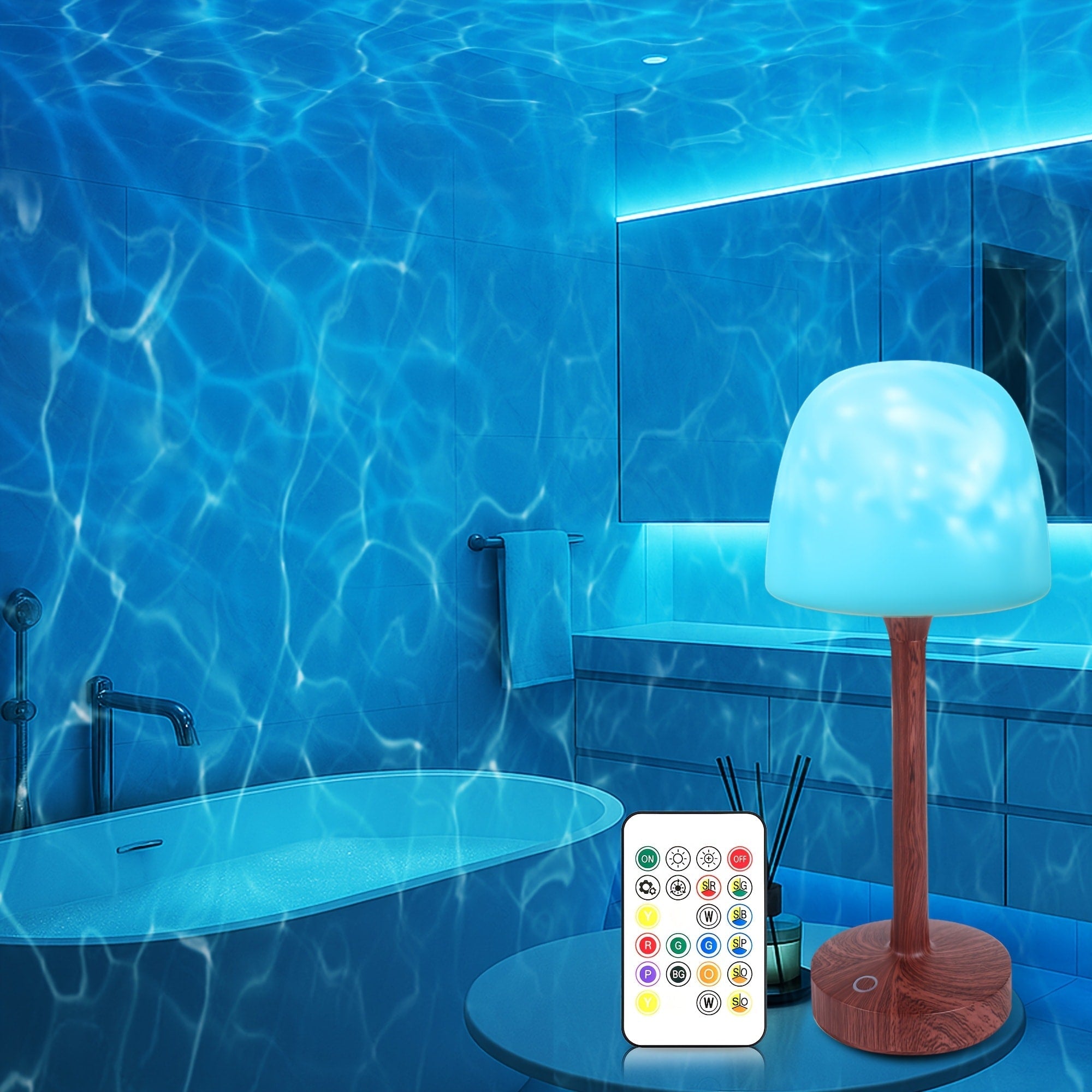 Ocean Wave LED Projector Lamp ¨C 16 Color Rechargeable Cordless Night Light with Remote, Water Ripple Atmosphere Lamp for Bathroom Bedroom, Portable Table Lamp, RGB & Wood Base Options